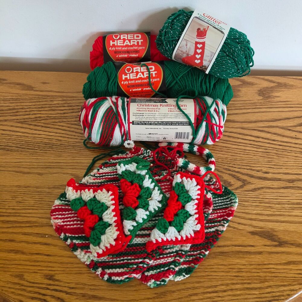 Vintage Red Heart Christmas Knitting Yarn And Holiday Trivets And Ornaments Lot